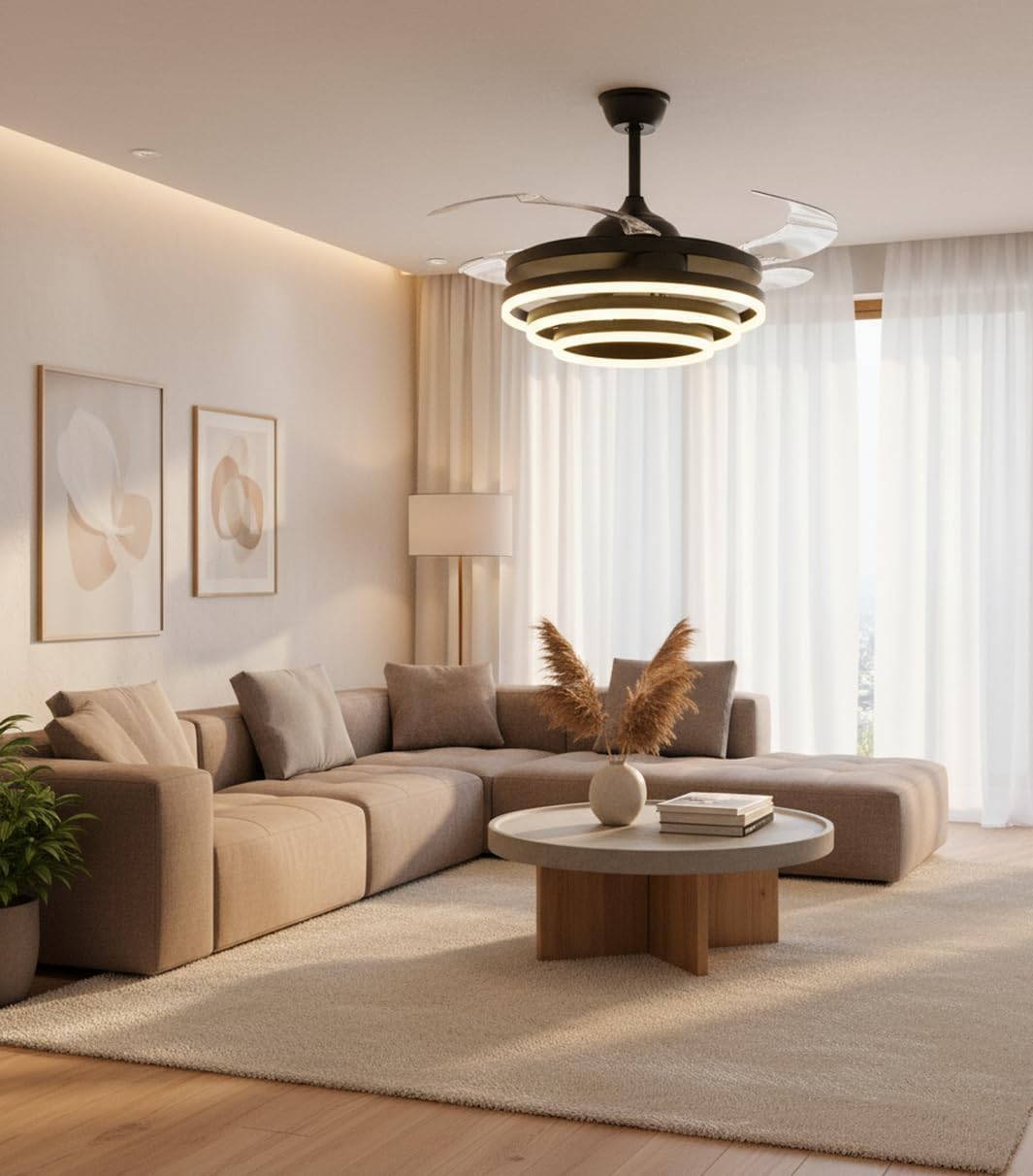 BEL AIR HOME - SFERA Plafondventilator met DC-motor en LED-verlichting 36W - Instelbare kleurtemperatuur 3000K, 4000K, 6500K - Inclusief afstandsbediening, Zwart, Blanco Y Gris