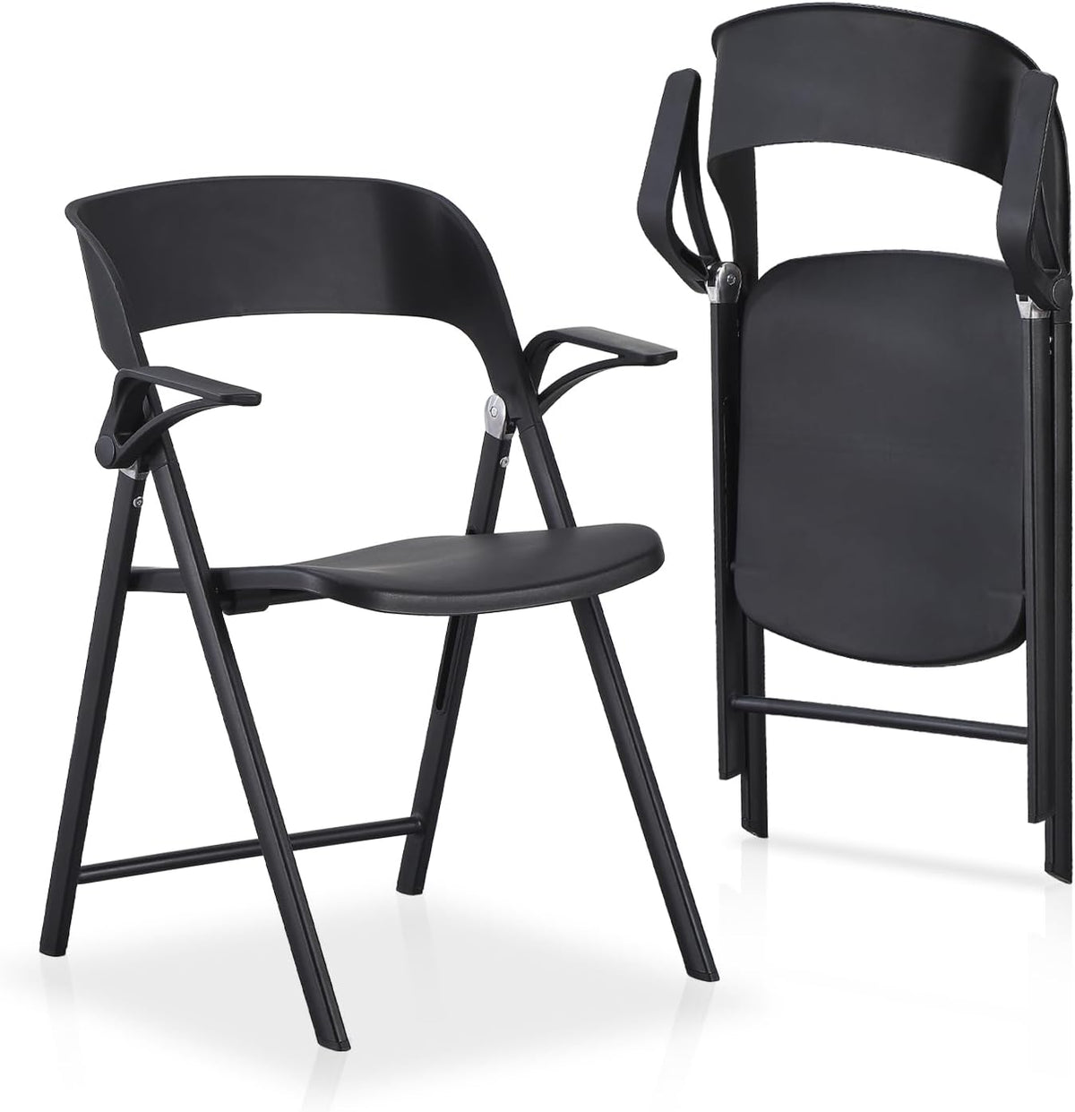 KAIHAOWIN 2 stuks kunststof klapstoel met armleuning, zware opvouwbare stoelen met stalen frame, commerciële stapelbare gaststoelen voor binnen en buiten - zwart