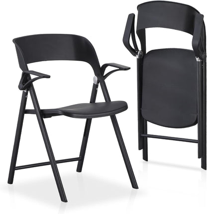 KAIHAOWIN 2 stuks kunststof klapstoel met armleuning, zware opvouwbare stoelen met stalen frame, commerciële stapelbare gaststoelen voor binnen en buiten - zwart