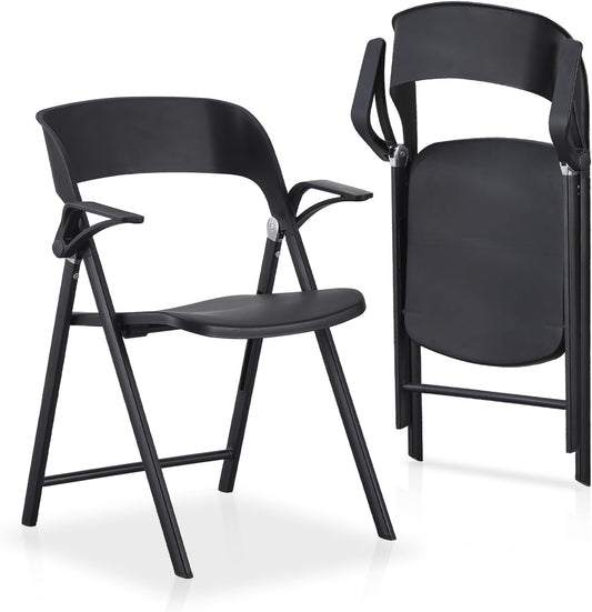 KAIHAOWIN 2 stuks kunststof klapstoel met armleuning, zware opvouwbare stoelen met stalen frame, commerciële stapelbare gaststoelen voor binnen en buiten - zwart