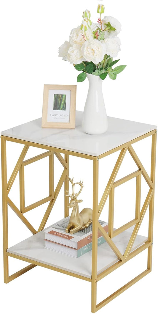 Bijzettafel – Salontafel – Nachtkastje – Eettafeltje – Tafeltje – Marmerlook Blad – Met Metalen Goudkleurig Frame – 40x40x58 cm – 2 Legplanken