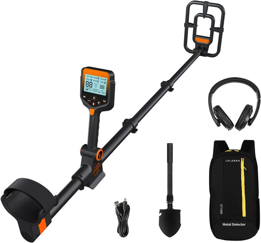 Metaaldetector voor volwassenen, oplaadbare accu, opvouwbaar, waterdichte zoekspoel, inclusief schep, rugzak, hoofdtelefoon, professioneel design met blauw verlicht lcd-scherm, oranje
