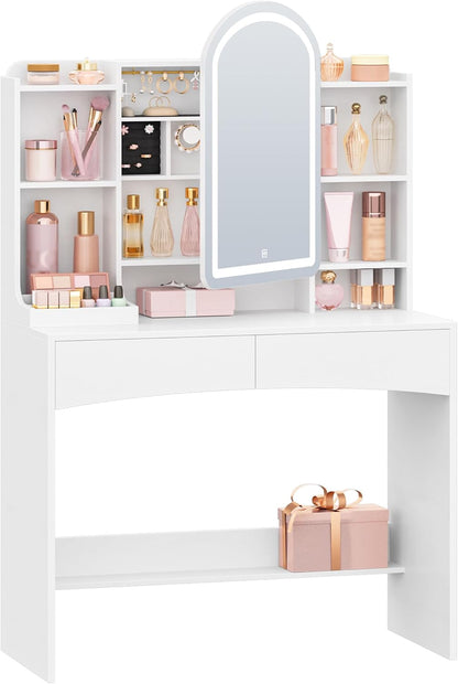 Hzuaneri LED Makeup Table, Large 90 cm Tabletop, Dressing Table with Curved Round Mirror, Hidden Jewellery Shelf Behind Mirror, 3 Colours, White DT41403XEU