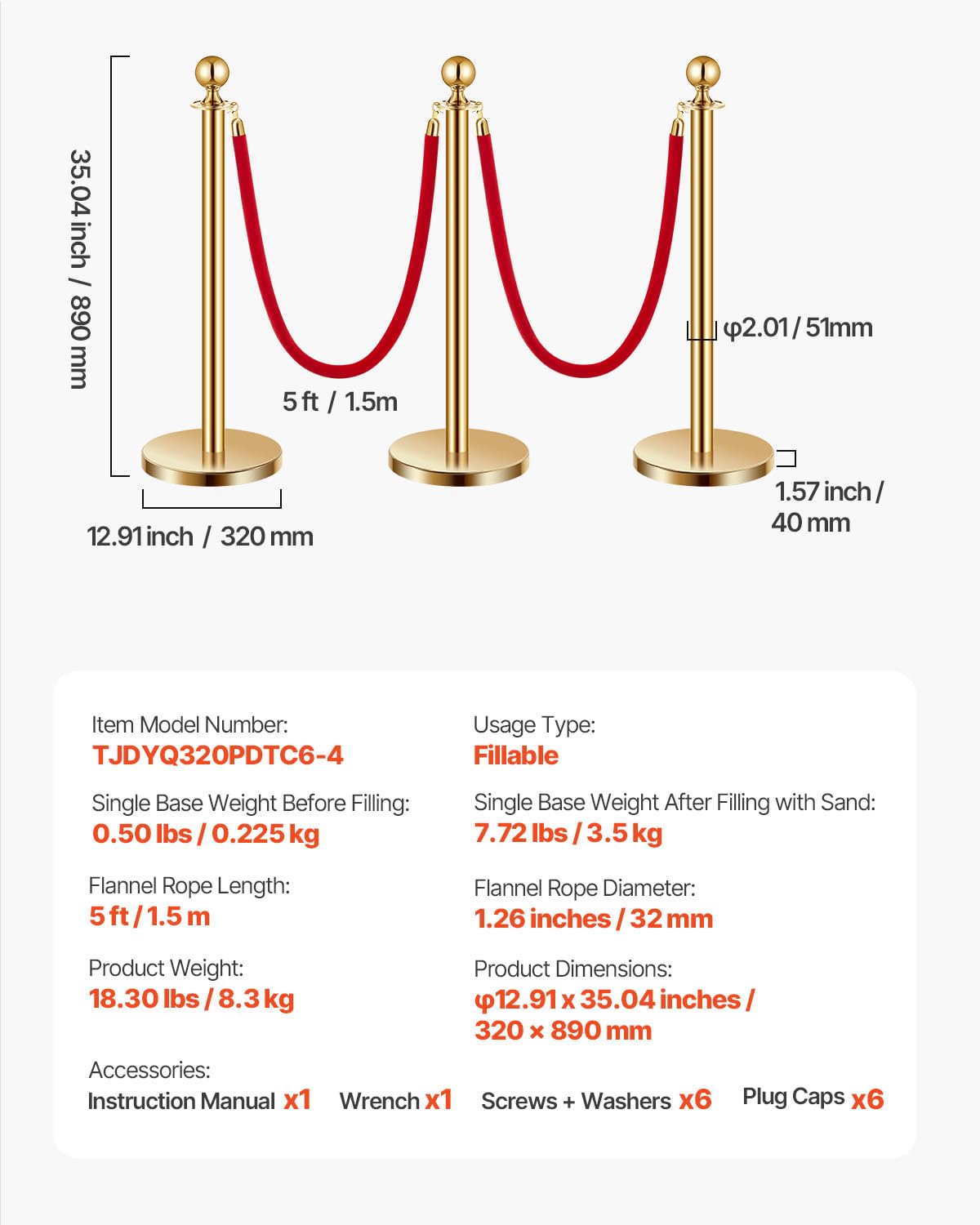 VEVOR Closing posts locking (6 pieces) for controlling crowds with 4 red velvet ropes (1.5 m long), stainless steel closing stand with refillable base for exhibitions gold