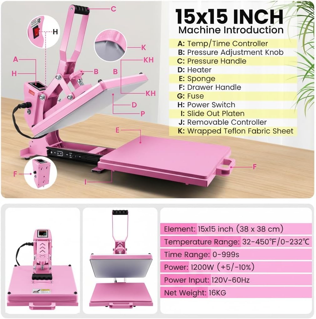 Schuifregelaar voor T-shirts, transferpers, industriële digitale sublimatiemachine voor sublimatie op T-shirts voor doe-het-zelf sublimatie (roze)