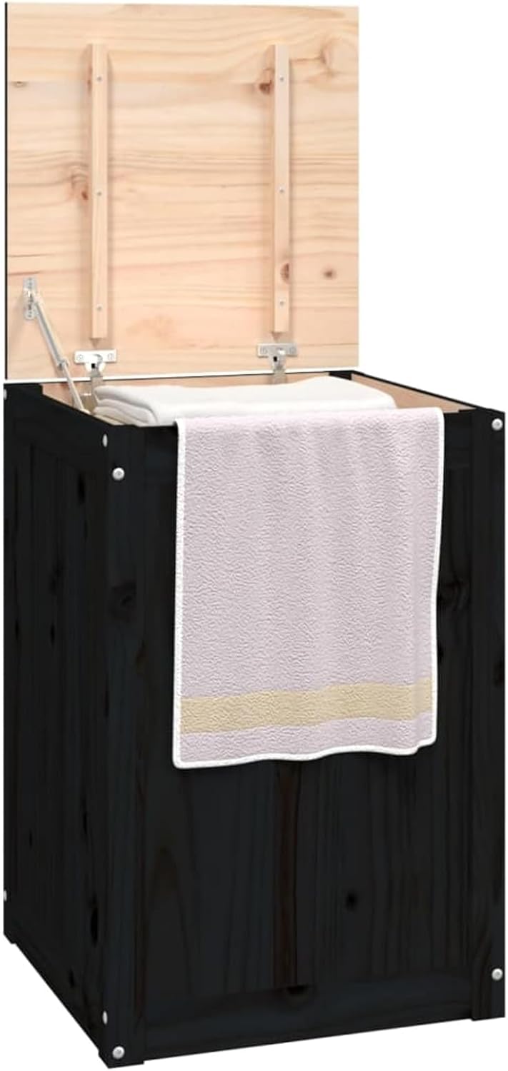 Wasmand – Wasbak – Waston – Wasopberger – Opbergmand – Massief Grenenhout – Ruime Inhoud 44x44x66 cm – Zwart Design Met Gasveer