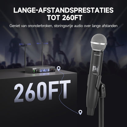 Draadloze microfoonset – Professionele microfoonset – Draadloze microfoon – UHF microfoon – Karaoke microfoon – 2 Handmicrofoons – Auto-Scan en IR-Synchronisatie – Bereik tot 100 meter