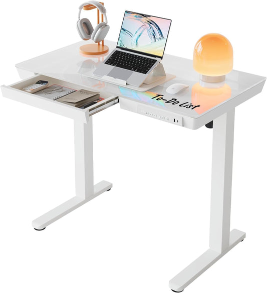 HUANUO Glas in hoogte verstelbaar bureau met laden, 88 x 50 cm, elektrisch bureau, One-Piece tafelblad met USB & Type-C, sta-zittafel voor thuiskantoor, wit