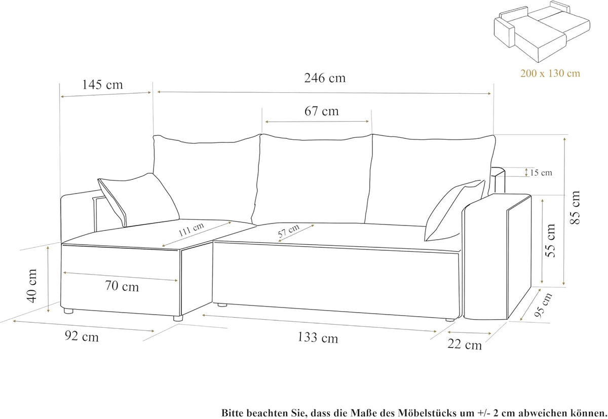 Corner sofa with sleeping function Tobi 246x145 cm - Sofa with bed drawer - corner sofa - L-shape - sofa bed - sofa bed with drawer - universal (Velo 623 Cappuccino) - QUORE