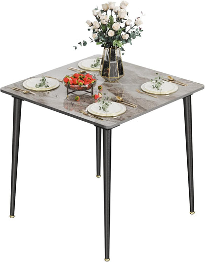 FATIVO Eettafel, kleine keukentafel, marmer voor 2 personen, eetkamertafel, eenvoudig, woonkamer, eettafel, grijs, hoogglans, tafels voor eetkamer, restaurant, metaal, tafelpoten, 80 x 80 cm,