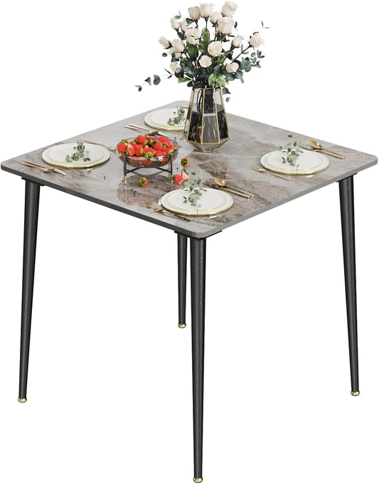 FATIVO Eettafel, kleine keukentafel, marmer voor 2 personen, eetkamertafel, eenvoudig, woonkamer, eettafel, grijs, hoogglans, tafels voor eetkamer, restaurant, metaal, tafelpoten, 80 x 80 cm,