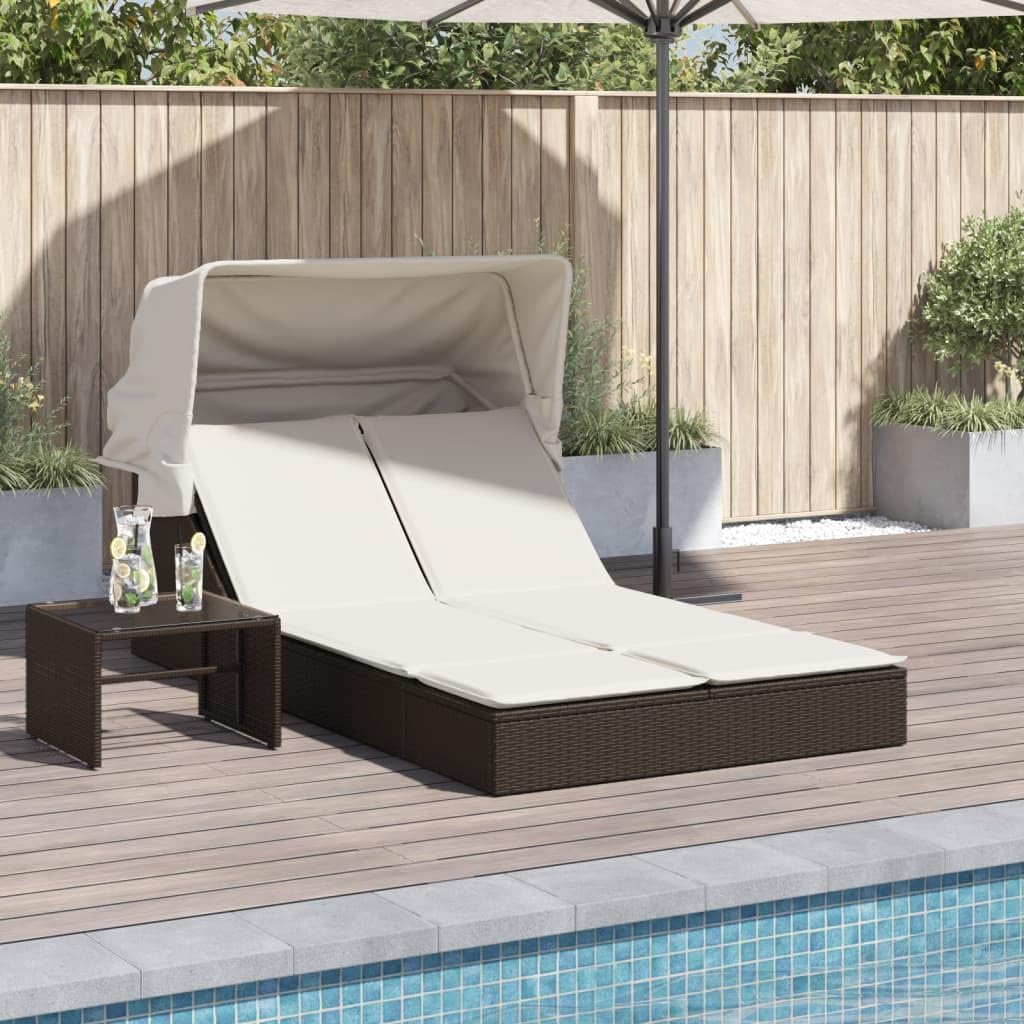 Double lounger with retractable canopy and brown PE rattan cushion for outdoor use, backrest adjustable, 2 positions, removable cushion, material resistant to - QUORE