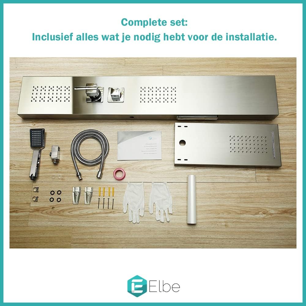 Elbe® LED-douchepaneel in geborsteld 304 roestvrij staal met 4 functies voor nog meer wellness en ontspanning in uw eigen badkamer