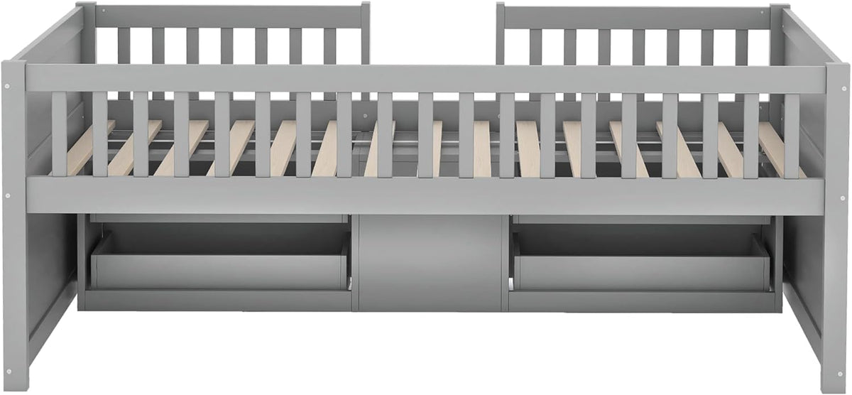 Children's Bed with Drawers, Slatted Frame, Storage and Fall Protection, Teenage Bed, Single Bed, Wooden Pine Bed (Grey, 90 x 200 cm) - QUORE