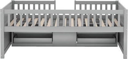 Children's Bed with Drawers, Slatted Frame, Storage and Fall Protection, Teenage Bed, Single Bed, Wooden Pine Bed (Grey, 90 x 200 cm) - QUORE