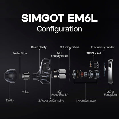 Linsoul SIMGOT EM6L 1DD + 4BA hybride driver in ear monitor, Gaming-oordopjes, hifi IEM-oortelefoon met 3D-geprinte harsbehuizing, afneembare OFC verzilverde kabel voor muzikant en audiofiel