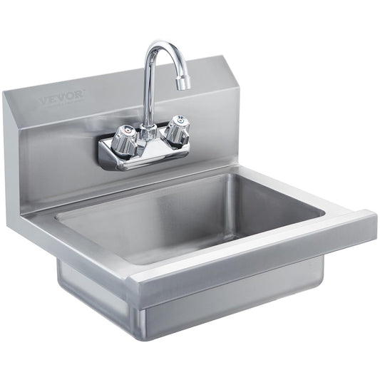 VEVOR Commerciële gootsteen met kraan, NSF roestvrijstalen spoelbak voor wassen, kleine handwasbak, wandmontage handwastafel, gootsteen voor restaurant, keuken, bar, garage en huis, 43,2 x 32,5 cm