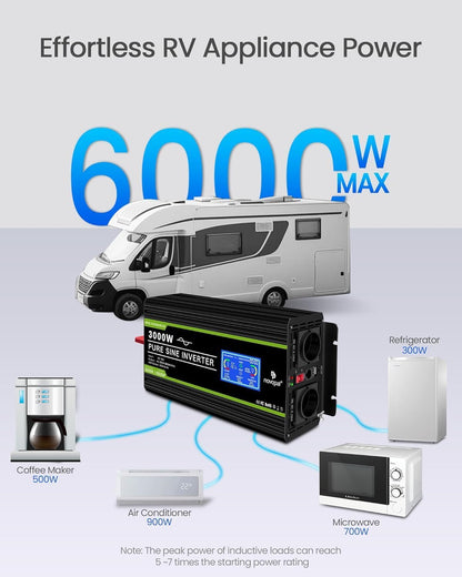 NOVOPAL 3000W Omvormer 12V naar 230V Zuivere Sinus Spanningsomvormer Beeldscherm LCD met een USB- 5 meter afstandsbediening en twee koelventilatoren voor RV Truck Boat