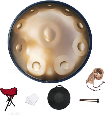 Handpan Drum – Handpan – Hang Drum – Hangdrum – Meditatiedrum – 22 Inch D Mineur 10 Tonen 440 Hz – Gehard Staal – Goud
