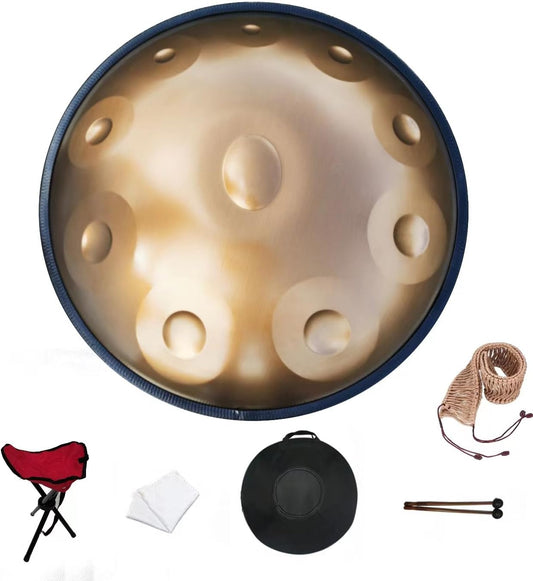 Handpan Drum – Handpan – Hang Drum – Hangdrum – Meditatiedrum – 22 Inch D Mineur 10 Tonen 440 Hz – Gehard Staal – Goud