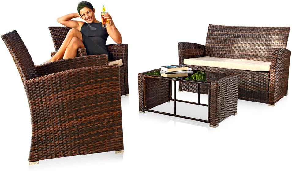 Melko Poly Rattan Set of 4 in Brown, Garden Furniture Lounge Furniture Dining Group, Includes Seat Cushions - Garden, Balcony, Patio - QUORE