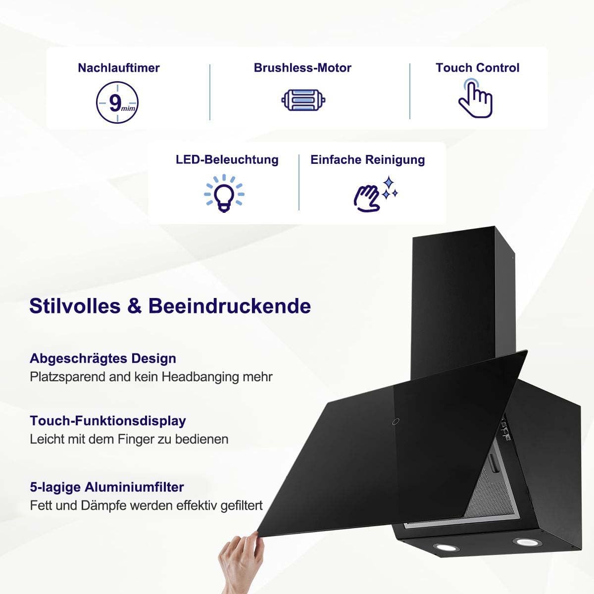 SNDOAS Afzuigkap 60 cm, klasse A++, 550 m³/u, keukenafzuigkap met 2 koolstoffilters, 3 snelheden, touch-bediening, vertraagde uitschakeling (1-9 minuten), afvoer of recycling, zwart