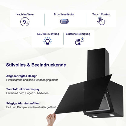 SNDOAS Afzuigkap 60 cm, klasse A++, 550 m³/u, keukenafzuigkap met 2 koolstoffilters, 3 snelheden, touch-bediening, vertraagde uitschakeling (1-9 minuten), afvoer of recycling, zwart