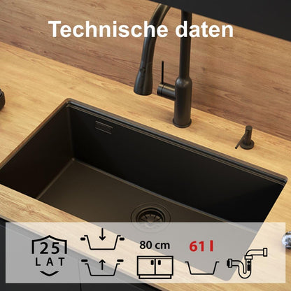 Quadron Gan 110 Enkele wastafel keukenspoelbak granieten keuken| afmetingen 70 x 37 x 23,5 cm Kleur: Pure Carbon | LOGAN 110 enkele wastafel keukenspoelbak | granieten spoelbak | inbouwspoelbak