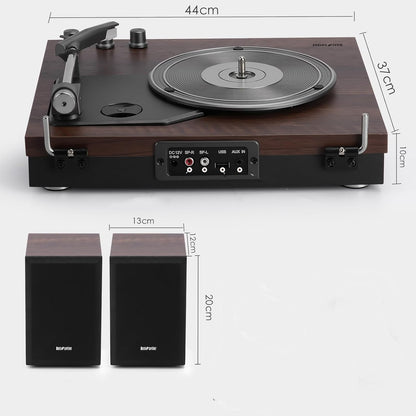 Platenspeler – Draaitafel – Vinylspeler – Retro Platenspeler – Donkerbruin Hout – 2 Externe Luidsprekers Van 15 W – Bluetooth, Aux-In, USB-Weergave En LP-MP3-Opname