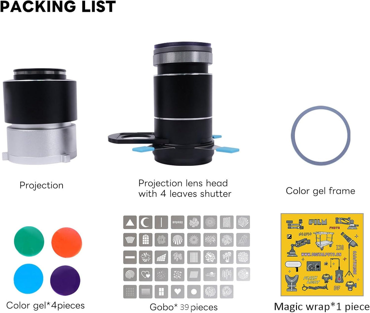 Optische Snoot – Gobo Projector – Lichtprojector – Projectiesnoot – Voor Bowens-aansluiting – 39 Gobo’s – 4 Kleurfilters