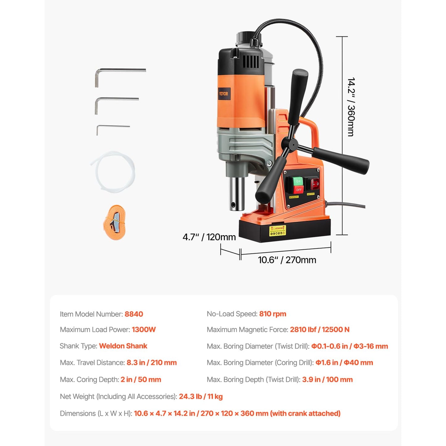 VEVOR Magnetische kolomboormachine, snelheid tussen 0 – 810 omw/min, draagbaar, 220 V-240 V, 50/60 Hz, 1300 W, magneetboormachine max. boordiameter 40 mm, max. diepte 50 mm, magneetkracht tot 13000 N