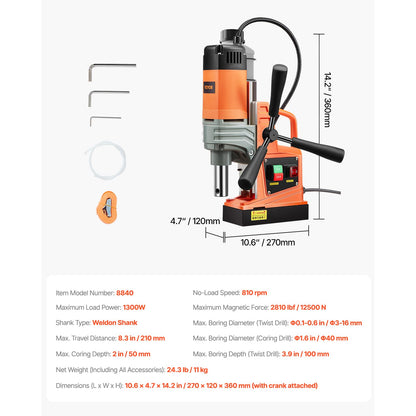 VEVOR Magnetische kolomboormachine, snelheid tussen 0 – 810 omw/min, draagbaar, 220 V-240 V, 50/60 Hz, 1300 W, magneetboormachine max. boordiameter 40 mm, max. diepte 50 mm, magneetkracht tot 13000 N