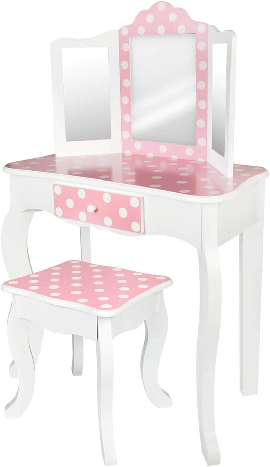Teamson, Colorbaby 85388 Make-uptafel voor kinderen, van hout, met kruk en spiegel, meisjes, schoonheidscentrum met lade, pedagogisch speelgoed voor kinderen van 3 jaar, roze