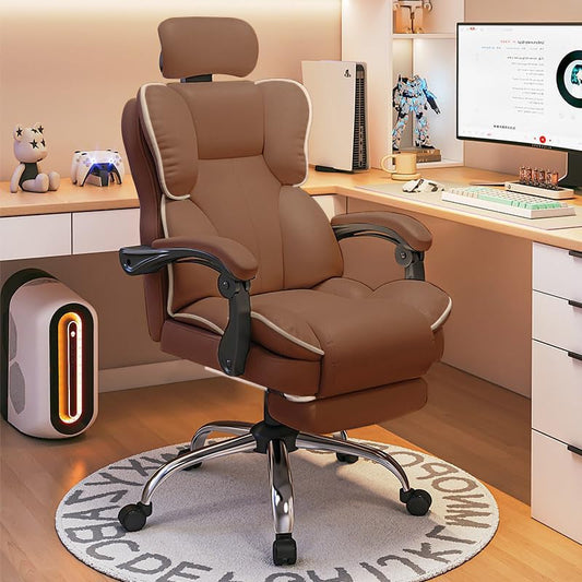 Large and High Office Chair with Footrest,Height Adjustable Computer and Gaming Office Chair with Headrest for Work from Home(Brown) - QUORE