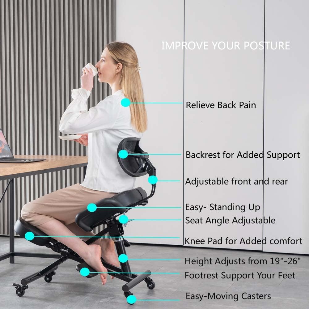 Knielstoel met rugleuning Ergonomisch voor kantoor, Verstelbare kruk met schuine zitting voor een betere houding, Dikke comfortabele kussens, Zwart