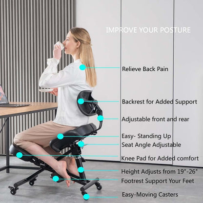 Knielstoel met rugleuning Ergonomisch voor kantoor, Verstelbare kruk met schuine zitting voor een betere houding, Dikke comfortabele kussens, Zwart