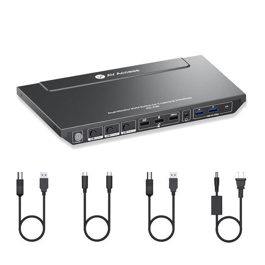AV Access Docking Station KVM-switch 1 laptop en 2 desktop-pc's, dubbele 4K@60Hz-monitoren, EDID-emulatie, 100 W USB-C-opladen, Gigabit Ethernet, hoge verversingssnelheden, ideaal voor gaming, kantoor