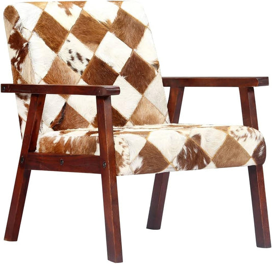 Fauteuil wit en bruin echt geitenleer, loungestoel, televisiestoel, relaxstoel, bureaustoel, stoel voor slaapkamer, woonkamer, werkkamer, kantoor