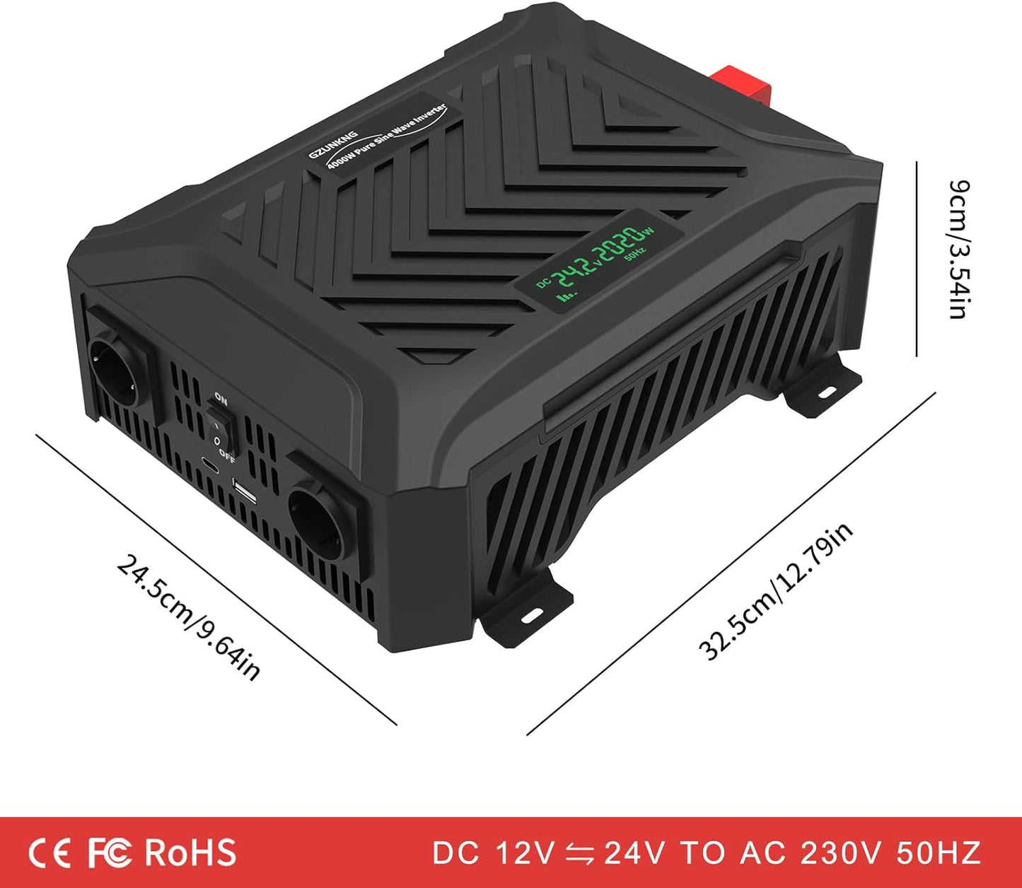 Omvormer 12V/24V Naar 230V – Spanningsomvormer – Zuivere Sinus Omvormer – Inverter – DC Naar AC Omvormer – Automatische 12V/24V Detectie – 2000W Continu, 4000W Piekvermogen
