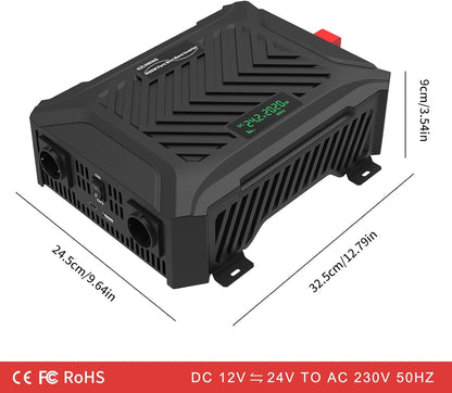 Omvormer 12V/24V Naar 230V – Spanningsomvormer – Zuivere Sinus Omvormer – Inverter – DC Naar AC Omvormer – Automatische 12V/24V Detectie – 2000W Continu, 4000W Piekvermogen