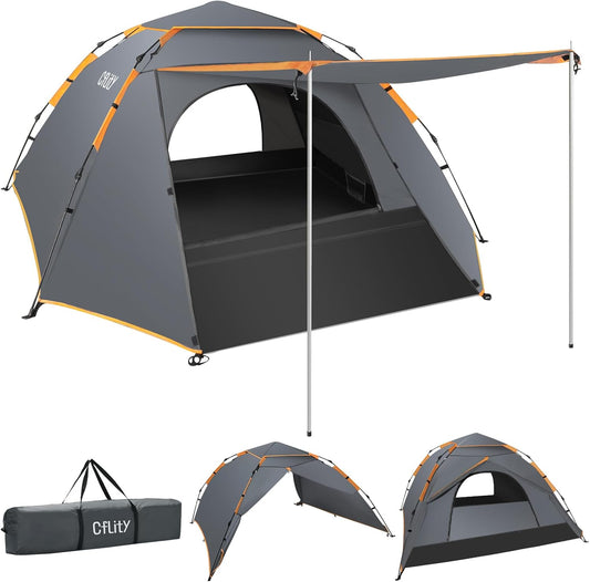 Tent voor kamperen, automatische pop-up tent voor 2 of 3 personen, drielaags waterdicht, 4 seizoenen kampeertenten en schuilplaatsen met verlengde vloermat, veranda, 2 halstokken, verwijderbare
