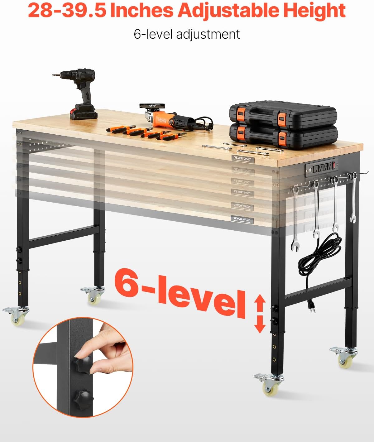 VEVOR 60 Inch Adjustable Workbench, 900 kg Load, Workbench with Socket, Wheels and Pegboard, Heavy Duty Oak Work Table for Garage, Workshop, Office and Home