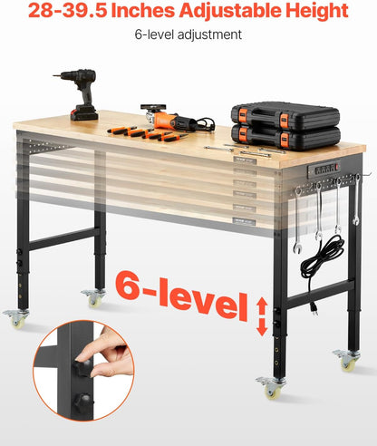 VEVOR 60 Inch Adjustable Workbench, 900 kg Load, Workbench with Socket, Wheels and Pegboard, Heavy Duty Oak Work Table for Garage, Workshop, Office and Home