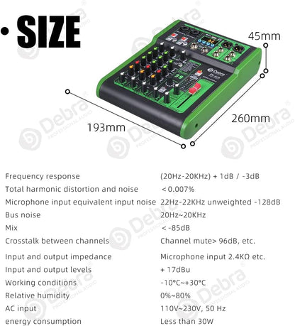 D Debra 4-Kanaals DJ Mixer, 99 DSP Effecten, USB/MP3 Ingang, 48V Fantoomvoeding, Ideaal voor DJ, Karaoke, Studio