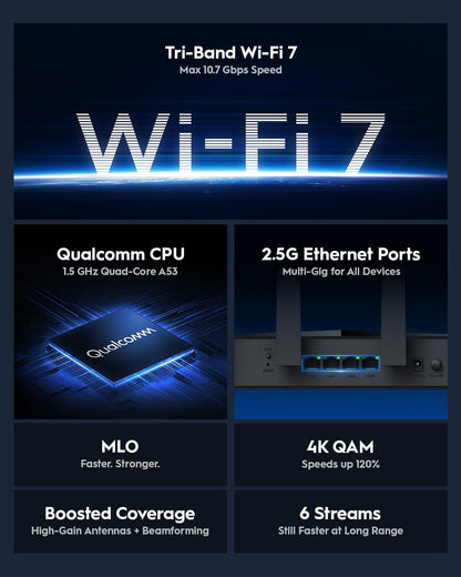 Cudy Tri-Band WiFi 7 BE11000 Router, 6-Stream 10 Gbps, 4 × 2.5G-poorten, tot 11000Mbps, VPN-server en client, Cudy APP en Mesh, 6 × High-gain Antennes, WR11000