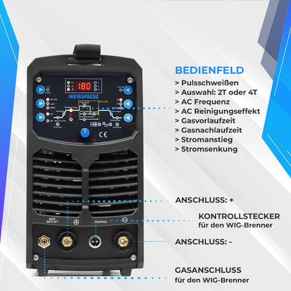 IPOTOOLS INV185PACDC WIG Lasapparaat, AC/DC, 180 ampère, volledig digitaal, Inverter-lasapparaat, inclusief HF-ontsteking, pulsfunctie, aluminium lassen, MMA, IGBT, 7 jaar garantie