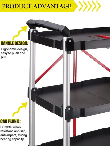 Opvouwbare servicekar met 3 niveaus – Opbergwagen – Serveerwagen – Trolley – Rollende kar – Compact opvouwbaar tot 19 cm – Draagvermogen 74,8 kg