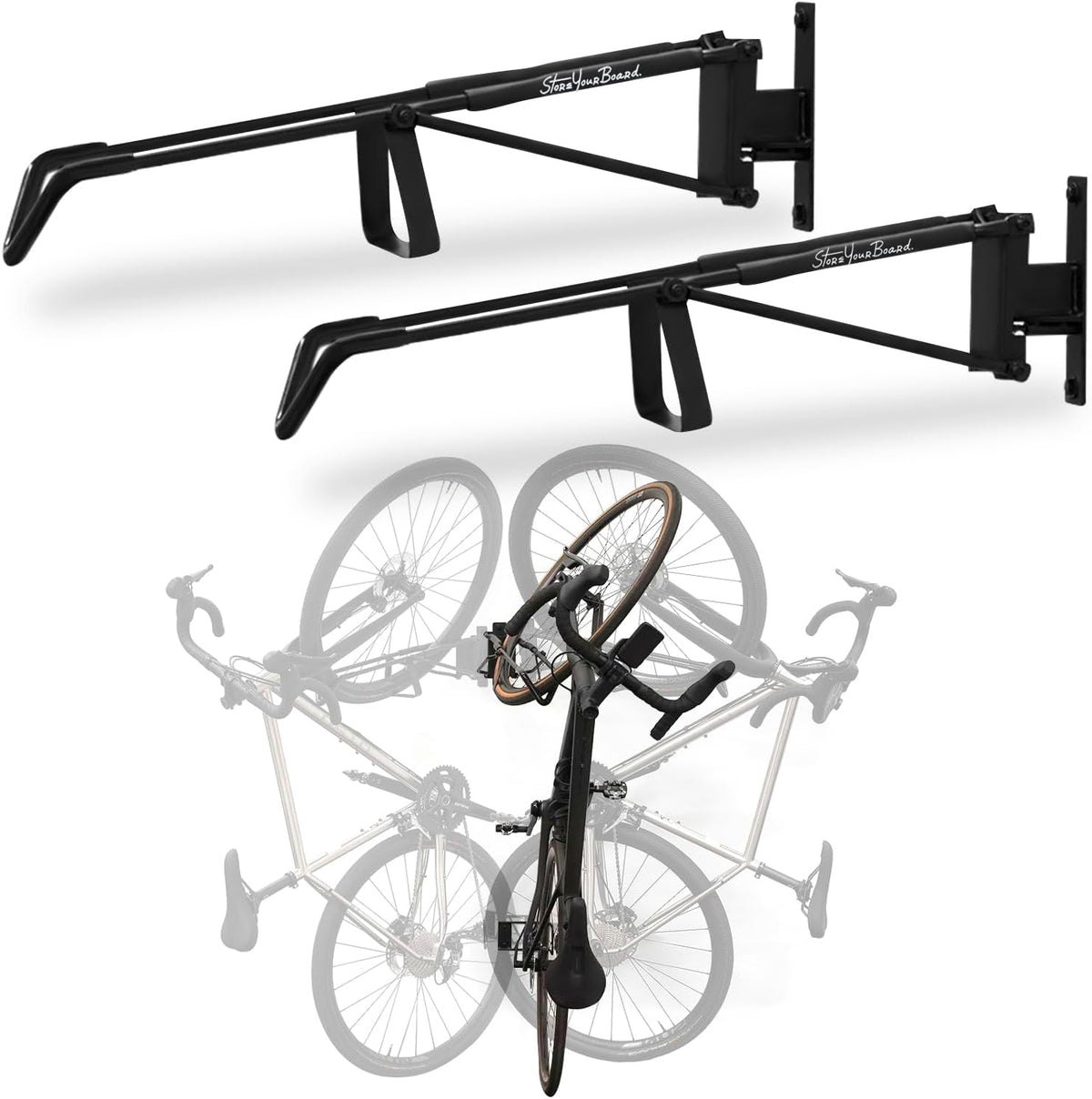 StoreYourBoard SwivelStow Road & Gravel fietsenstalling, 2-pack, geen lift draaibare fiets wandmontage, zware garage fietsenrek, patent aangevraagd