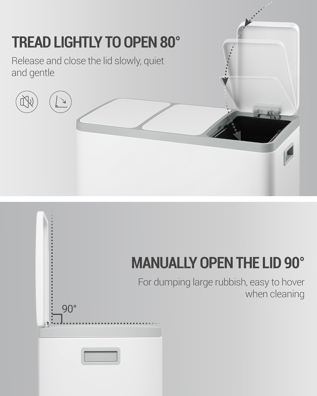 Hzuaneri Garbage Separation System for Kitchen, 3 Compartments, 45 L (3 x 15 L), Stainless Steel Kitchen Waste Bin, Pedal Bin with Colour-Codable Pedals, Waste Bin, Quiet Slow Descent, White