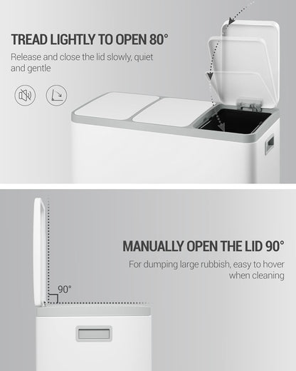 Hzuaneri Garbage Separation System for Kitchen, 3 Compartments, 45 L (3 x 15 L), Stainless Steel Kitchen Waste Bin, Pedal Bin with Colour-Codable Pedals, Waste Bin, Quiet Slow Descent, White